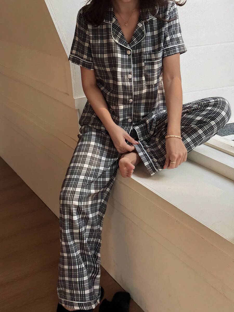 Dreamivo Women's Black & White Plaid Contrast Color White Trim Notch Neck Short Sleeve Straight Leg Pants 2-Piece Pajama Set - Multicolor - View 1