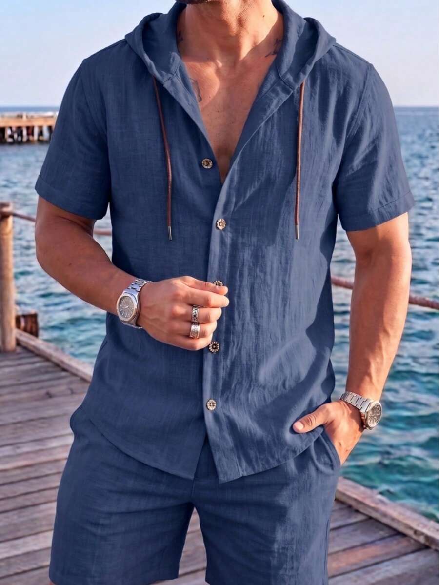 男士修身亞麻混紡鈕扣連帽襯衫 夏季度假風 - 藏蓝色 - 查看 1