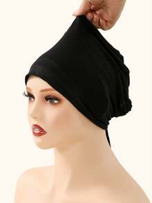 2PCS Women's Solid Color Non-Slip Elastic Band Base Cap Adjustable Scarf Hat Suitable For Daily Wear - 2pcs Black + Light Khaki - View 10