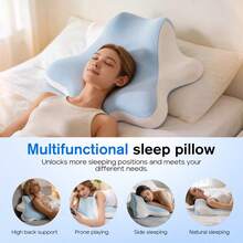 4 In 1 Blaue & Weiße Orthopädische Schmetterling Gedächtnis Schaumstoff Hals Kissen, Doppelseitiges Ergonomisches Schlafkissen Für Seiten Rücken Magen Schlafen, Unterstützung Kissen Für Ruhe & Bett Lesen - Blue and White - View 4