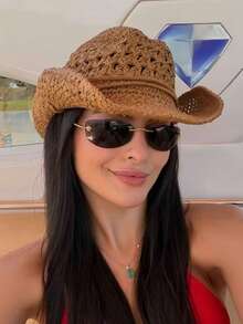 1pc Vintage Hollow Wide Brim Straw Hat, Suitable For Spring/Summer Outdoor Travel, Beach Vacation Wear, Hand-Woven Breathable Sun Protection Western Cowboy Panama Straw Hat, Unisex - A - View 1