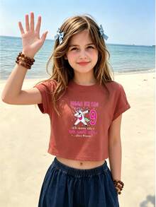Camiseta de manga corta de verano para niñas, camiseta ajustada, tela de punto de algodón, estilo callejero de moda, lindo, estilo de dibujos animados, estampados divertidos - Marrón rojizo - Ver 3