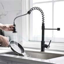 Glossy Black Spring Pull Out Kitchen Faucet, 360° Rotatable Extensible Sink Tap - A - View 8