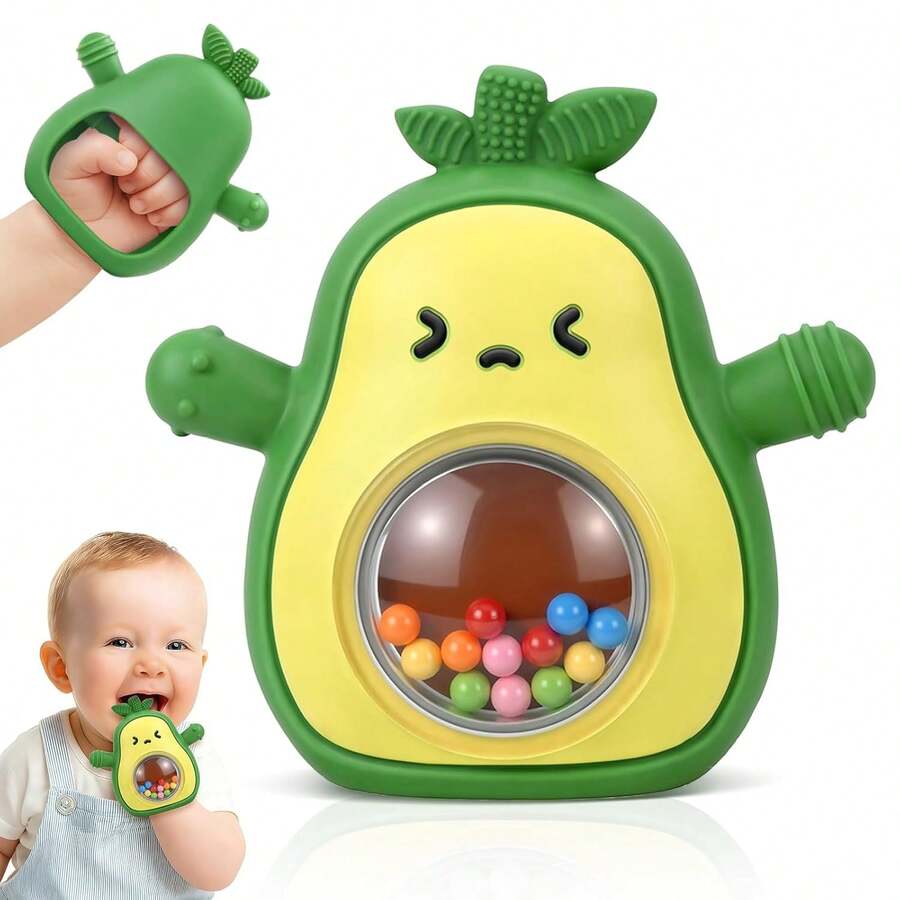 Avocado Silicone Teething Glove, Baby Teether Toy, Anti-Drop Baby Chewing Teether, Prevents Baby From Biting Fingers, 3-In-1 Toy Combining Teether, Rattle, And Newborn Sensory Toy