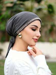1 pieza Sombrero de mujer de moda de unicolor con pedrería, pañuelo versátil para envolver la cabeza debajo de la gorra, adecuado para uso diario - 005-Gris oscuro - Ver 3