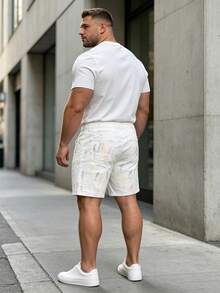 Men's Non-Stretch White Paint Splatter Knee-Length Denim Shorts, Regular Fit Curved Contrast Stitching Casual Shorts, Suitable For Summer Street And Outdoor Wear - White - View 5