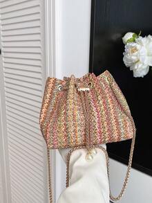 Mini New Fashion Straw Woven Gold Chain Drawstring Bucket Bag Beach Bag - Red - View 5