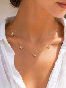 1 pieza Collar elegante y delicado de mariposa chapado en oro de 14K para mujer, de cobre con cristales, resistente al desvanecimiento, adecuado para uso diario, reuniones con mejores amigas, regalo de Navidad, regalo de vacaciones - collar - Ver 6