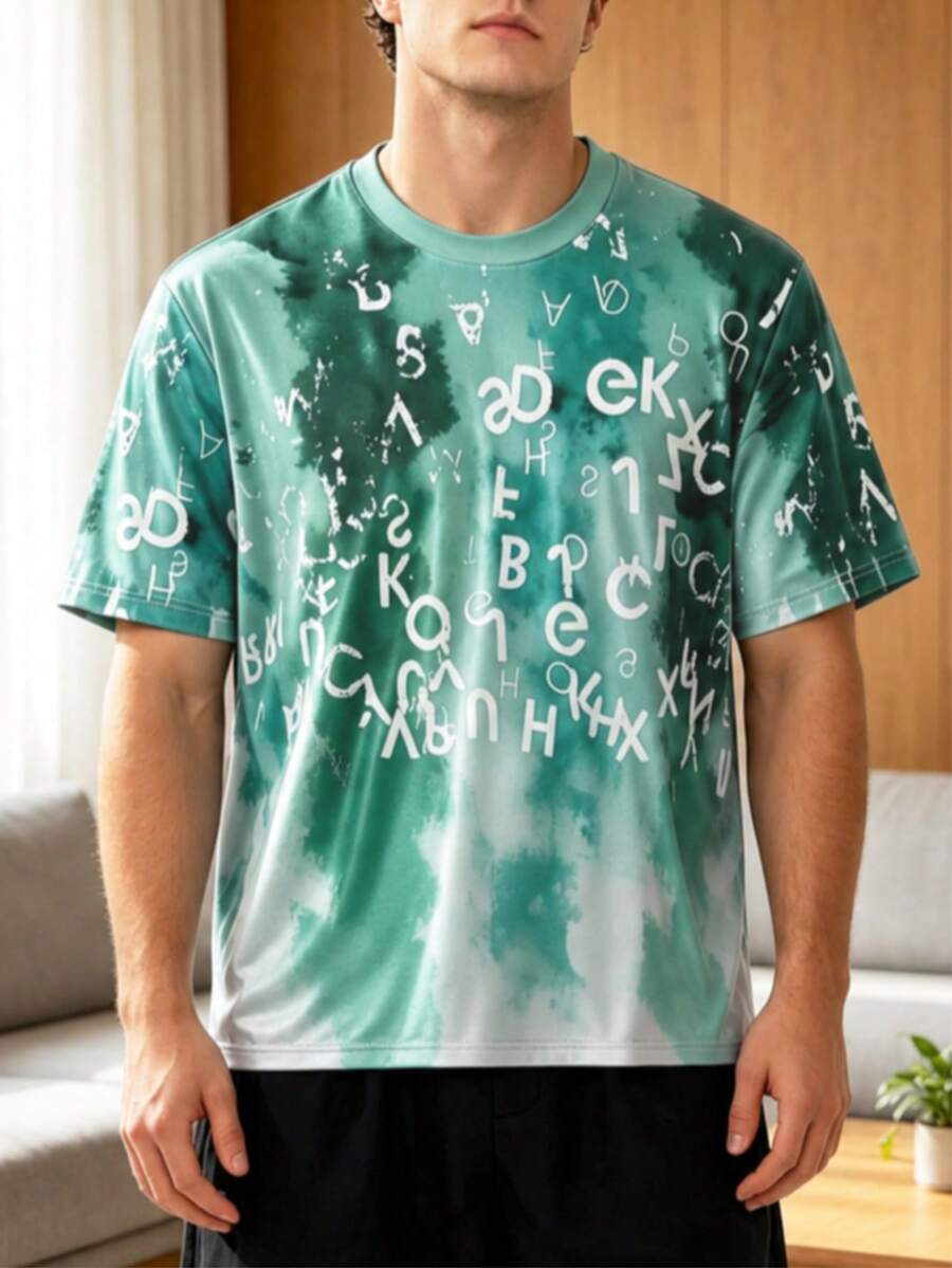 Men Plus Size Gradient Letter Graffiti Pattern T-Shirt, Vintage Distressed Style, Round Neck Loose Short Sleeve Tee, Polyester Knit Fabric - Multicolor - View 1