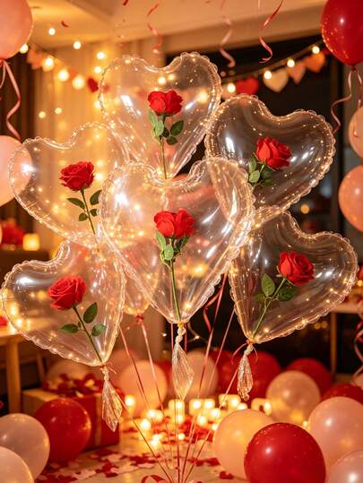 4-Piece Set Of Transparent Bubble Balloons And Elegant And Realistic Simulated Rose PVC Material - Helium Filled Decoration, Wedding And Birthday Decoration(Free Fishing Line Included, For Tying The Bottom Of Balloons)