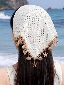 1pc Women's French Elegant Bohemian Style White Shiny Rhinestone Knit Hollow Out Versatile Sequin Starfish Shell Pendant Headband Hair Scarf, Suitable For Daily Wear, Party, Gathering, Summer Beach Vacation Decoration - Multicolor - View 6