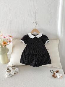 Miniweenns 2pcs Casual Cute Polka Dot Outfit For Baby Girls, Short Sleeve Top With White Trim + Matching Shorts - Black - View 4