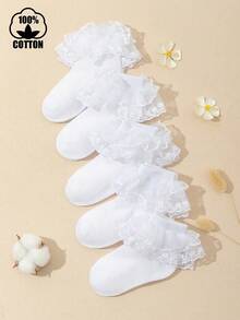 5 Pairs Girls' Solid Color Fashionable Ruffle Trim Cotton Short Princess/Dance Socks - White - View 8
