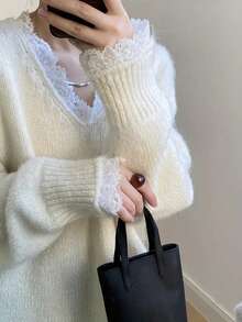 [Top]BuyK Lace Trim V-Neck Knit Sweater, Spring/Autumn Loose Plus Size Comfortable Long Sleeve Pullover, Casual Fashion Versatile All-Season Daily Wear Top - Apricot - View 4