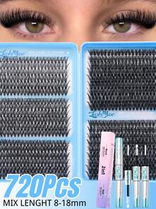 1440PCS/720PCS Manga Eyelash Extension Kit With Ultra-Dense, Waterproof, Long-Lasting Lashes, Velure, Fairy, Flora, 30D40D50D60D, Hybrid Volume Look, Beginner-Friendly,Includes Lash Glue, Tweezers,For Wedding, Birthday, Graduate,Travel,Halloween - 淺藍色 - 查看 10