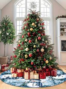 1/100Pcs Christmas Theme Christmas Tree Skirt, Printed With Blue Plaid Scarf Snowman Snow Forest Pattern, Round Base, Diameter 60/90CM Optional; Suitable For Winter Party And Home Holiday Decoration, Ideal Christmas Tree Decoration. - Multicolor - View 5