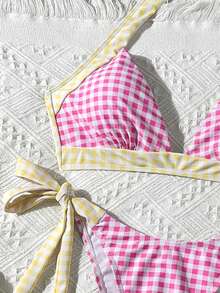Sunny Chic 2-Piece Bikini Set - Sexy Pink Plaid Swimwear With Yellow Tie And Halter Neck Design, Perfect For Beach And Pool Vacation Summer - Multicolor - View 4