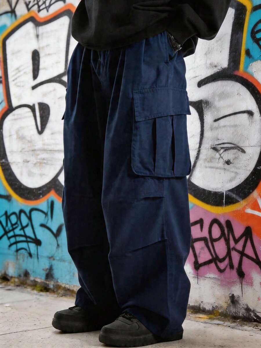 男士寬鬆版型大口袋工裝長褲,休閒日常百搭長褲 - 藏蓝色 - 查看 1