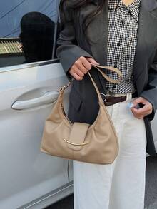 1件時尚簡約百搭PU材質女款單肩斜挎包，適合女性日常使用、旅行與度假 - 卡其色 - 查看 7