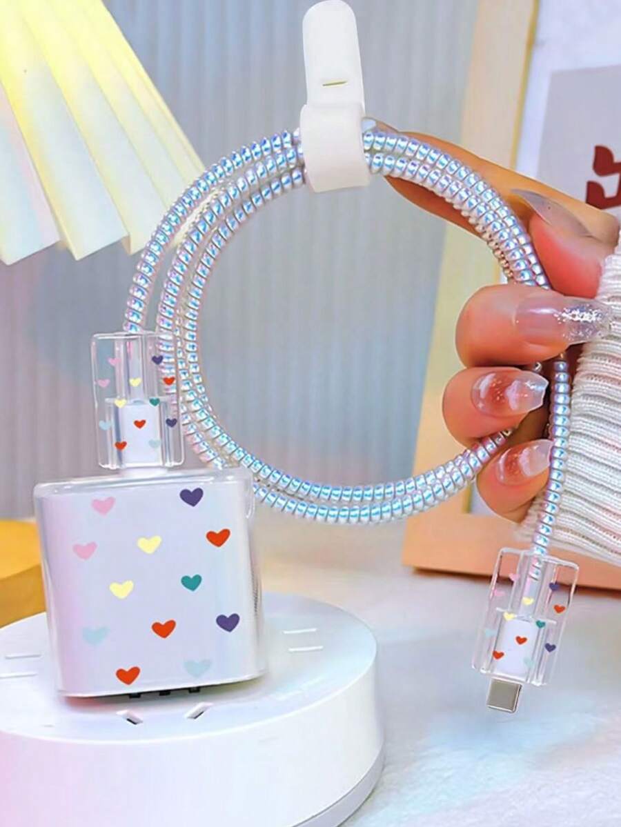 粉色 TPU 小心心印花/蝴蝶結/花朵圖案/紫色心形貓咪充電線保護套，相容 Apple 18/20W 充電器，適合送給朋友的禮物