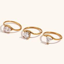 1pc 18K Gold Plated CZ Wavy Ring For Women, Elegant Pear Round Triangle Cubic Zirconia Curved Solitaire Ring, Chic Finger Jewelry - Gold - View 1