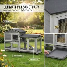 PawHut Small Animal Hutch With Wheels, Dwarf Rabbit Hutch, Outdoor Run, Asphalt Roof, Small Animal House, Dwarf Rabbit Run, Two-Story, Fir Wood, Steel, Grey, 157.4 X 53 X 99.5 Cm-XY683466 - D51-314LG - View 2