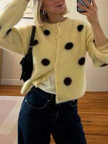 Women's Elegant Elegant Vacation Street Polka Dot Cardigan Sweater Yellow Fall - Yellow - View 3