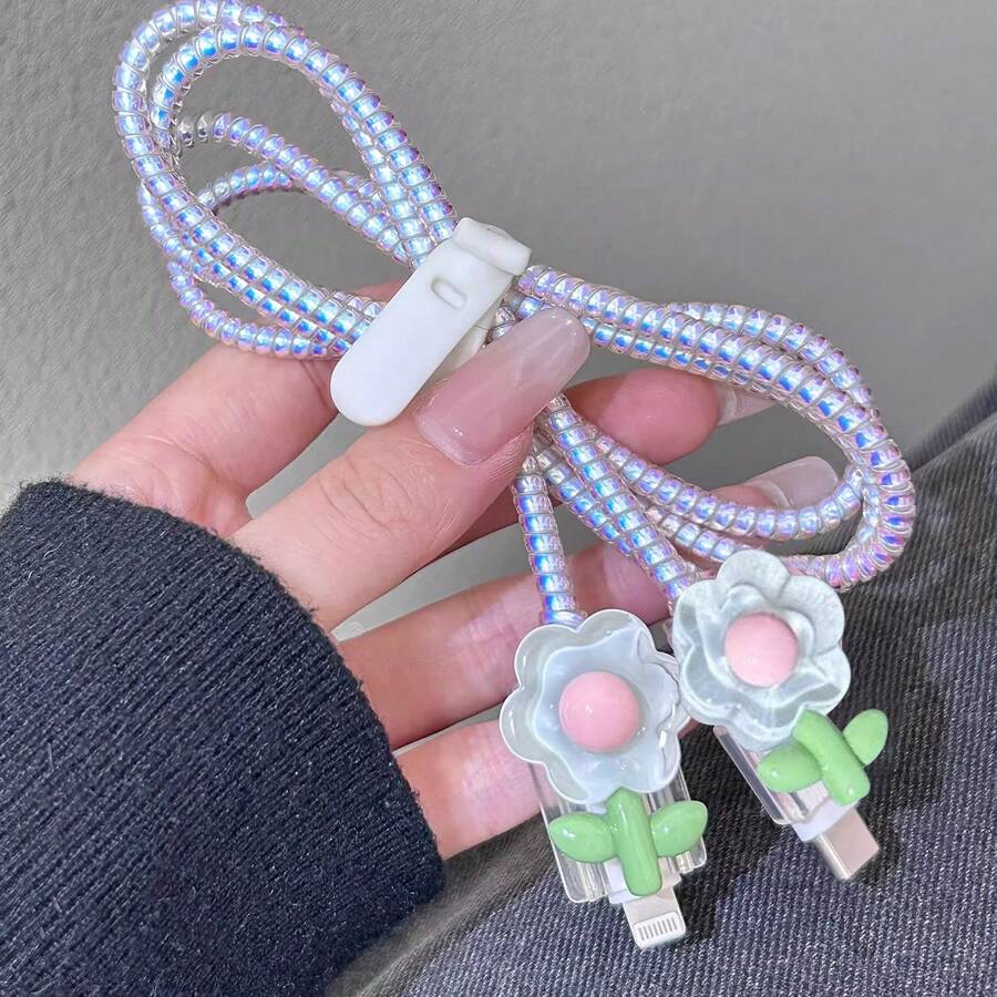 4pcs TPU Cable Protector Sleeve For IPhone Charging Data Cable, Minimalist Cute Style 3D Blue Flower Design, Apple USB-C To Lightning Connection Cable Plastic Wrap Rope Storage Tape, Ideal Gift For Girlfriend - Blue Flowers - View 1