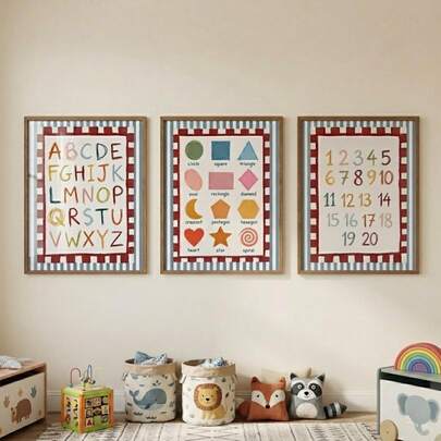 Juego de 3 impresiones en lienzo educativas sin marco, carteles de aprendizaje para niños que incluyen letras del alfabeto, formas geométricas básicas y números del 1 al 20, estilo de crayón dibujado a mano con borde a rayas rojas, decoración linda de preescolar para sala de juegos y dormitorio infantil.