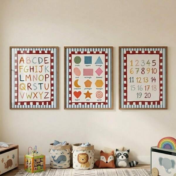Set Of 3 Unframed Educational Canvas Prints, Kids Learning Wall Charts Including Alphabet Letters, Basic Geometric Shapes & Numbers 1-20, Hand-Drawn Crayon Style With Red Striped Border, Cute Preschool Nursery Decor For Playroom & Kids Bedroom.