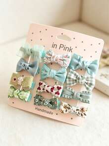 12-Piece Handmade Mini Bow Hair Clips, Floral Plaid Polka Dot Fabric BB Hair Clips, Non-Slip Bangs Hair Clips, Country Style Hair Accessory Set For Kids - Multicolor - View 5