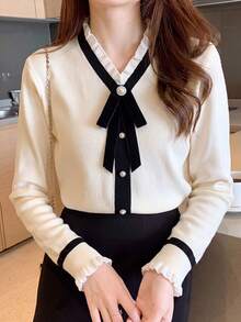 女款優雅百搭針織毛衣上衣，對比滾邊、蝴蝶結與珍珠鈕扣套頭衫，秋冬季 - 杏色 - 查看 8