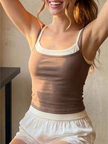 Women's Y2K Contrast Double Layer Spaghetti Strap Ribbed Cropped Cami Top Summer Street Lounge Casual Outfit - Light Brown - View 1