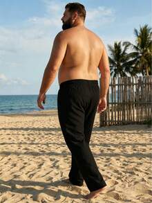 男士大尺碼 1XL-6XL 寬鬆直筒亞麻休閒長褲，夏威夷度假風海灘長褲 - 黑色 - 查看 2