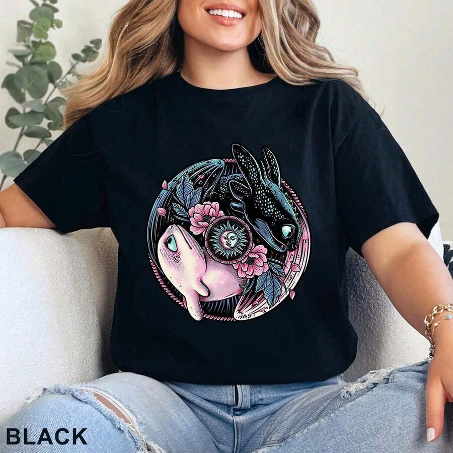 Toothless And Light Fury Shirt Universal Matching Tee Summer - Black - View 1