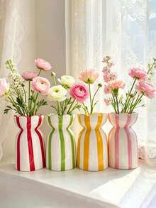 1pc Classic Hand-Painted Striped Ceramic Vase, Modern Minimalist Ins Style Creative Hand-Painted Flower Arrangement Decor, Multi-Functional Decorative Ornament For Living Room, Entryway, Office, Atmosphere Photography Prop - Multicolor - View 2