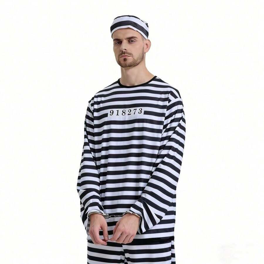 1套萬聖節角色扮演動漫囚犯服裝 經典條紋囚犯舞台表演服 男款 - 黑與白 - 查看 1