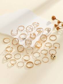 22pcs Gold-Tone Open Ring Set, Multi-Finger Rings With Hollow Heart & Geometric Designs, Fashion Jewelry For Women, Suitable For Daily Wear And Party, Gift Accessory - Yellow Gold - View 4