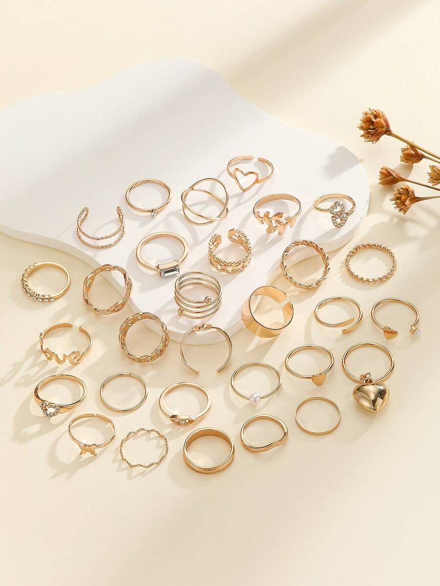 22pcs Gold-Tone Open Ring Set, Multi-Finger Rings With Hollow Heart & Geometric Designs, Fashion Jewelry For Women, Suitable For Daily Wear And Party, Gift Accessory - Yellow Gold - View 1