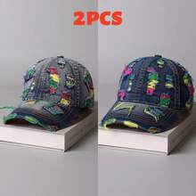 2/1pc Unisex Vintage Distressed Baseball Cap - Adjustable Snapback Korean Style Ripped Hat, Breathable Washed Summer Casual Outdoor Hat (Random Decorative Colored Thread) - Multicolor-c - View 11