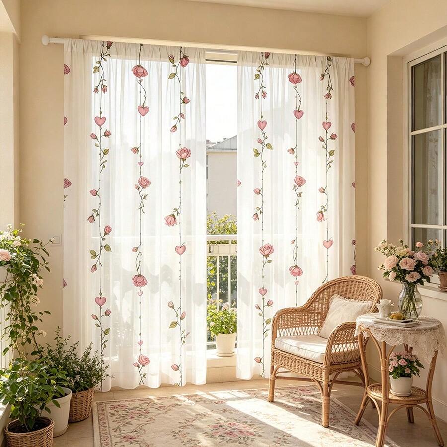 2pcs/Set Pink Rose Vine Heart Pattern Transparent Curtain, Flat Print, Polyester Fabric, Can Be Installed On Curtain Rod, Suitable For Living Room, Bedroom, Balcony, Partition, Cafe, Kitchen And Dining Room, Machine Washable - Multicolor - View 1