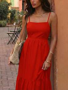 Women's Lightweight Breathable Spaghetti Strap Sleeveless Solid Color Bohemian Style Backless Ruffle Hem Dress, Perfect For Vacation, Casual Wear And Travel - Red - View 2