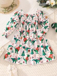 Young Girls Long Sleeve French Sweet Style Ditsy Floral Dress, Pink All-Over Colorful Butterfly Square Neck Ruffle Petal Sleeve Cinched Waist Princess Dress For Outings, Christmas, Holidays, Spring And Autumn - Multicolor - View 4