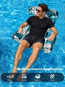 Tropical Leaf Print Inflatable Pool Floating Chair, Mesh Water Hammock Lounger With Headrest & Armrests, Portable Adult Pool Float For Summer Beach Lake Pool Party Sunbathing - A - View 3