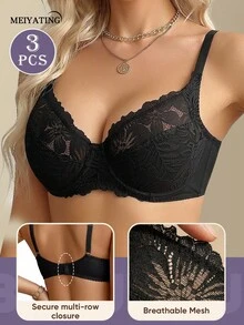 MEIYATING 3pcs/Set Women's Sexy Lingerie Push-Up Bra Floral Lace Thin U-Back - Multicolor - View 6