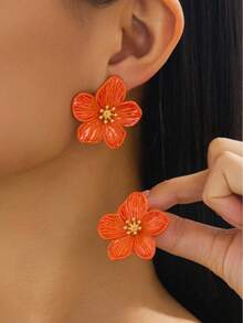 1 Pair Of Dopamine Inspired Orange Hibiscus Earrings With Vibrant Summer Beach Energy, Suitable For Kids Daily Wear - Flowers - View 1