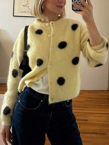 Women's Elegant Elegant Vacation Street Polka Dot Cardigan Sweater Yellow Fall - Yellow - View 2