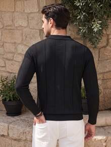 ALTZTAR Men's Loose Fit Thin Long Sleeve Ribbed Knit Polo Shirt, Minimalist Fashion, Suitable For Daily Commute, Spring And Autumn - Black - View 2