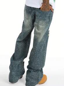 Men's Y2K Blue-Green Fashion Distressed Diamond Decor Loose Straight Leg Denim Jeans - Teal Blue - View 4