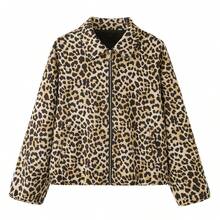 Women's Fashion Front Pocket Lapel Collar Casual Leopard Print Woven Fabric Zipper Flight Jacket For Daily Spring And Autumn Wear - Black - View 2